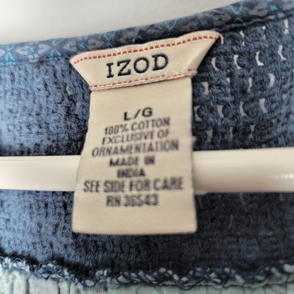 IZOD Boho Crochet(Top) Patchwork Top Size L Tie Front Tassels Blue Flowy Artist - Picture 2 of 9